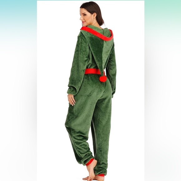 Women’s Green and Red Elf Christmas Onesie Pajama with Belt and Hood| Size Small - Picture 3 of 10